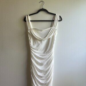 Off-shoulder fitted white ruched midi dress